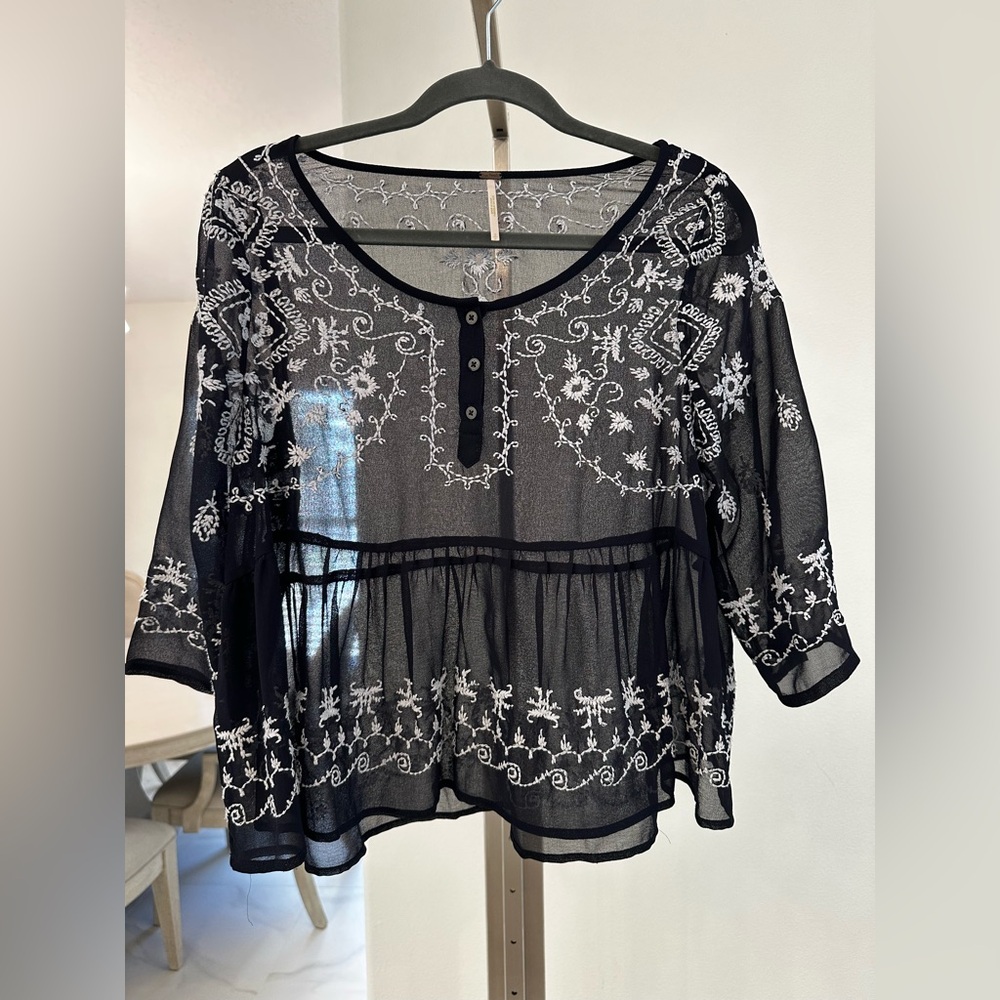 Free People Black Sheer Chiffon Blouse with White Embroidery - Picture 11 of 12